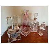 Crystal and Glass Decorative Lot: Matching Mikassa Clock, Decanters, Heart Bowl