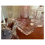 Crystal and Glass Decorative Lot: Matching Mikassa Clock, Decanters, Heart Bowl