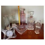 Crystal and Glass Decorative Lot: Matching Mikassa Clock, Decanters, Heart Bowl