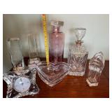 Crystal and Glass Decorative Lot: Matching Mikassa Clock, Decanters, Heart Bowl