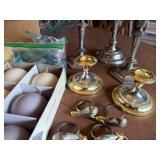 Mixed Candle Set with Silver and Brass Candlesticks and Silver Plated Napkin Rings