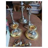 Mixed Candle Set with Silver and Brass Candlesticks and Silver Plated Napkin Rings