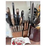 Kitchen Utensil Lot with Knife Block and Campbell Soup Tray