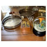 Vintage Brass Trays, Display Cabinet, Snow Globe & Music Boxes Lot
