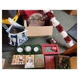 Christmas Decoration Lot: Garland, Candles, Ornaments, Cards