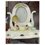 Decorative Household Lot: Glass Trays, Vanity Mirror, Sand Timer, Silver Bell
