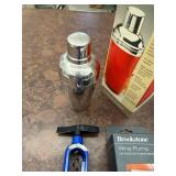 Barware Lot: Cocktail Shaker, Brookstone Wine Pump, Opener & Wine Bag