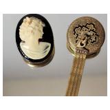 Antique Victorian Jet Cameo and Drop Tassel Brooch Pendant