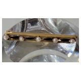 14K Yellow Gold Sapphire and Pearl Bar Pin ~ 2g