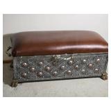 Decorative Metal and Leather Upholstered Storage Bench Trunk