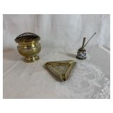Vintage Brass Incense Burner, Vintage Triangular Brass Ashtray and Vintage Waterpipe
