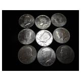 Nine Kennedy Half Dollars