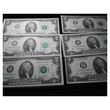 Six Two Dollar Bills