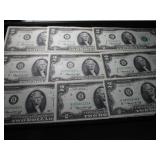 Nine Two Dollar Bills