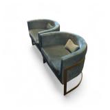 2 barrel design with teal velvet upholstery and gold legs.