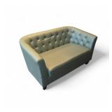 Leather Loveseat Sofa in a grey-green color, featuring a button-tufted backrest and a retro-modern design style.