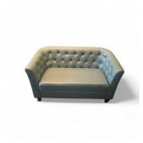 Leather Loveseat Sofa in a grey-green color, featuring a button-tufted backrest and a retro-modern design style.