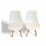 modern dining side chair design, often featuring a white plastic shell seat, a foam-filled cushion, and sturdy wood legs.