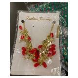 Fashion Jewelry Necklace & Earrings Set - Gold Tone with Red Beads (New)