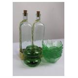 Emerald Green Glass Bottles with Cork Stoppers & Flower-Shaped Rosette Bowls
