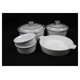 White Ceramic Bakeware Set - 2 Lidded Canisters, 2 Ramekins & 1 Casserole