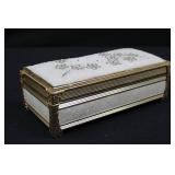 Vintage Japanese Beaded Jewelry Box with Floral Lid, Mirror Interior - Made in Japan ~10"