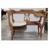 Antique Carved Oak Settee with Lyre Back and Scroll Arms - Hall Bench