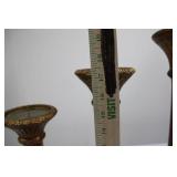 Three-Piece Ornate Gilded Candlestick Set - Wood Stems & Brass Bases, 12-20 in tall