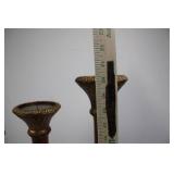 Three-Piece Ornate Gilded Candlestick Set - Wood Stems & Brass Bases, 12-20 in tall