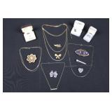 Costume Jewelry Assortment - Layered Necklaces, Floral Brooches, Turquoise Ring