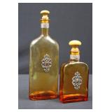 Vintage Amber Glass Decanter Set (2) - Ornate Pewter Medallions & Wood Stoppers