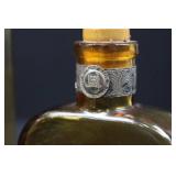 Vintage Amber Glass Decanter Set (2) - Ornate Pewter Medallions & Wood Stoppers