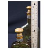 Vintage Amber Glass Decanter Set (2) - Ornate Pewter Medallions & Wood Stoppers