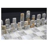 Marble Chess Set - White & Gray Marble on Checkered Board