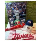 Minnesota Twins Memorabilia Package: 2010 Inaugural Season Mini Louisville Slugger, 2014 ALL-STAR Game Ball, Chewing Gum Tin Holder(2004), 2020 Towel Homer Hankie, & Joe Mauer Pin and Photo, & mini He