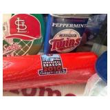 Minnesota Twins Memorabilia Package: 2010 Inaugural Season Mini Louisville Slugger, 2014 ALL-STAR Game Ball, Chewing Gum Tin Holder(2004), 2020 Towel Homer Hankie, & Joe Mauer Pin and Photo, & mini He