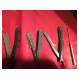 Vintage #25 Geneva Straight razor, vintage Durham Demonstrator straight razor, vintage H. Broker & Co. Germany straight razor, 1 other vintage straight razor and 2 vintage dental mirrors