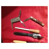 4 knives, 3 letter openers, and a knife sharpener