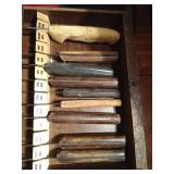 Vintage cutting board with a pull-out drawer of vintage Chicago Cutlery knives and more