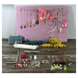 Lot of Fishing Items - Hook Removers - Swivels - Fishing Lures - Stringers - Large Hooks for Halibut - Hooks - Small Tackle Box and More