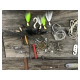 Lot of Fishing Items - Hook Removers - Swivels - Fishing Lures - Stringers - Large Hooks for Halibut - Hooks - Small Tackle Box and More