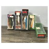 Lot of 4 Fishing Lures in the Box and 1 Empty Rapala Box