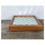 Vintage Mirror Glass Chess Frosted & Transparent Glass Figures Wooden Case