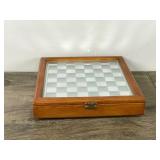 Vintage Mirror Glass Chess Frosted & Transparent Glass Figures Wooden Case