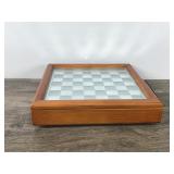 Vintage Mirror Glass Chess Frosted & Transparent Glass Figures Wooden Case