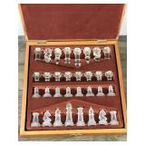 Vintage Mirror Glass Chess Frosted & Transparent Glass Figures Wooden Case