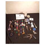 Vintage watches, advertisement key chains, cuff links, pins vintage souvenir folding cup, noise maker toy and more