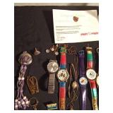 Vintage watches, advertisement key chains, cuff links, pins vintage souvenir folding cup, noise maker toy and more