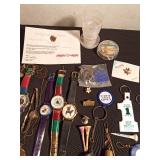 Vintage watches, advertisement key chains, cuff links, pins vintage souvenir folding cup, noise maker toy and more