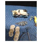 Wood drink tokens, metal bicycle, metal mini fishing net, wood cat on hay trailer, parrot, fish, boat and bird